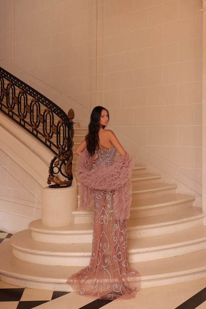 Chic & Holland AZ990093 Strapless Sweetheart Ornate Swirl Beaded High Slit Evening Dress