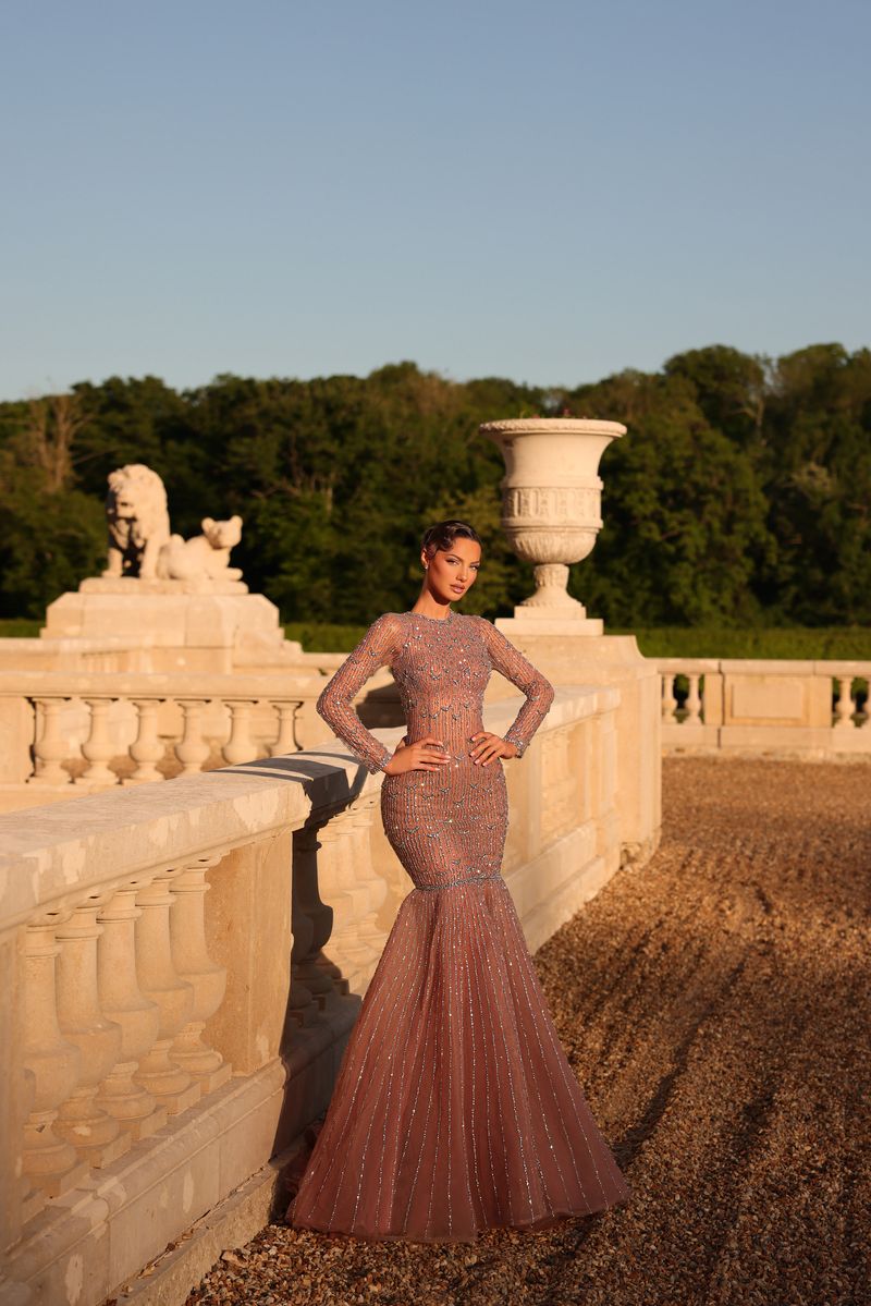 Chic & Holland HF110615 Crew Neckline Long Sleeves Fully Beaded Grid Mermaid Couture Dress