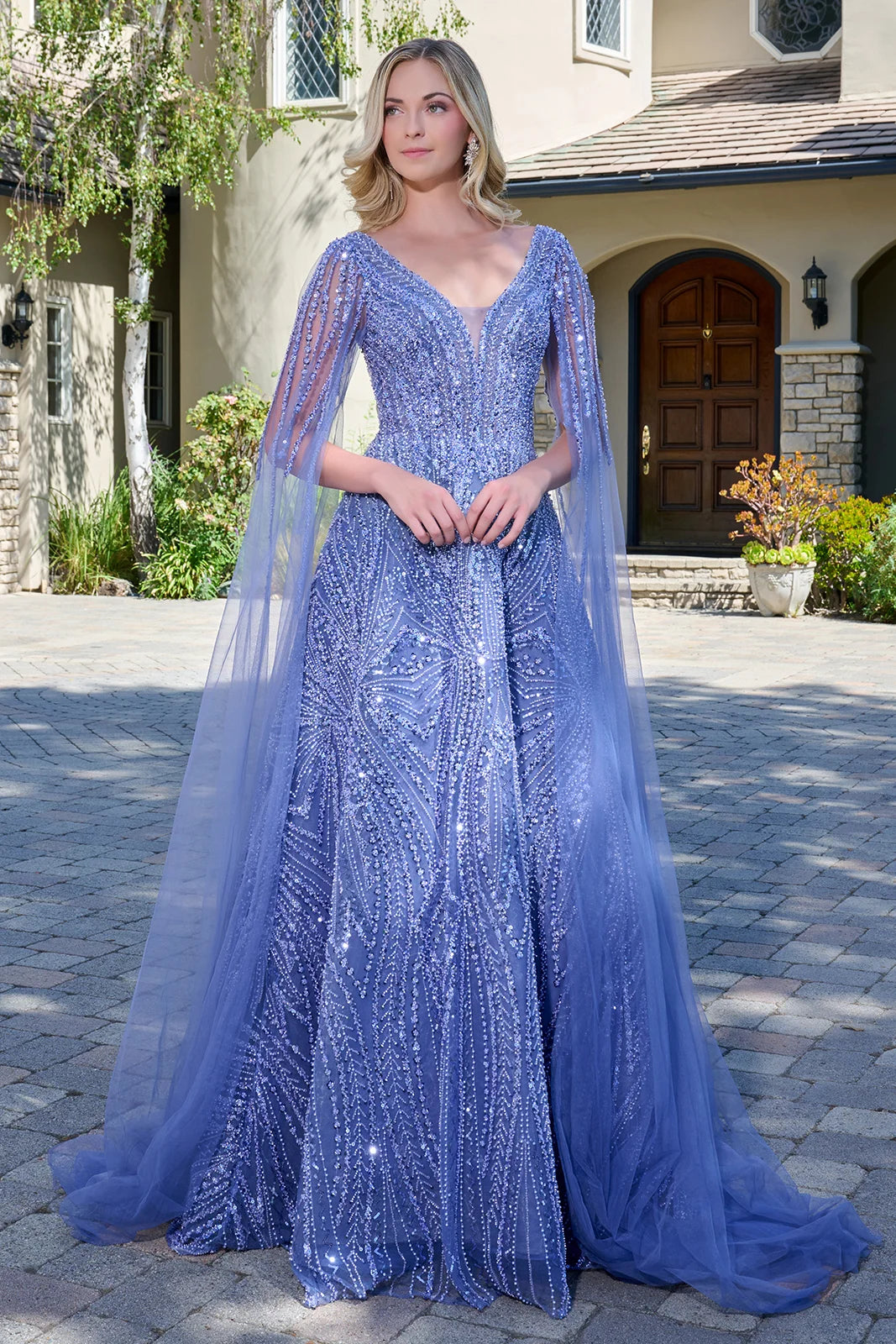 GLS Collective GL3833 Beaded Cape Sleeve Mother of the Bride Dress