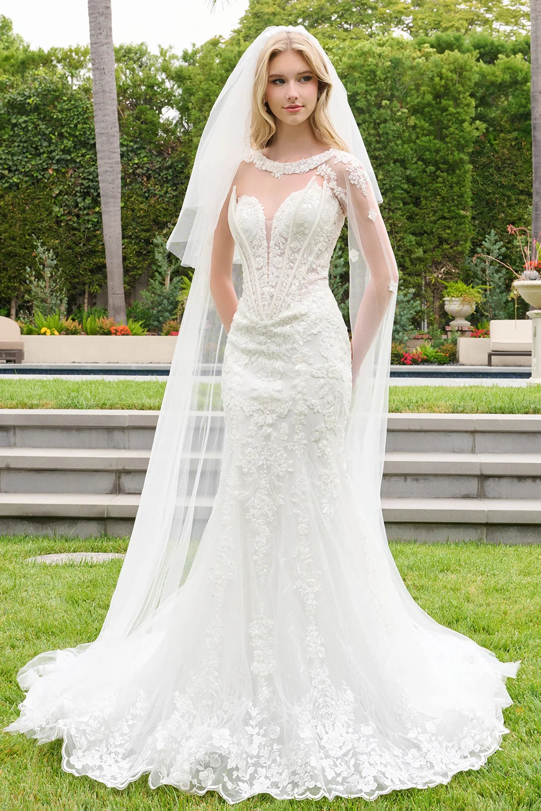 GLS Collective GL3844 strapless layered corset wedding dress with cape sleeves, front view