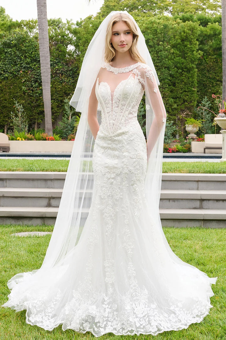 GLS Collective GL3844 strapless layered corset wedding dress with cape sleeves, front view