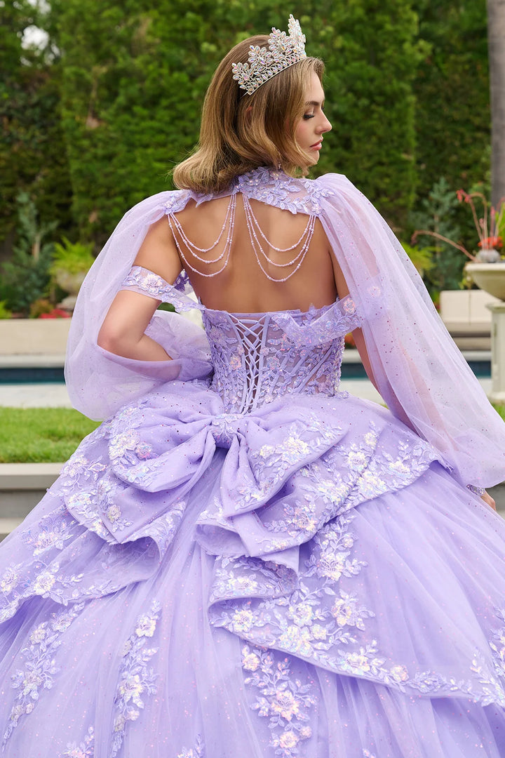 GLS Collective GL3847 corset quinceanera ball gown with bolero back bolero and corset detail view