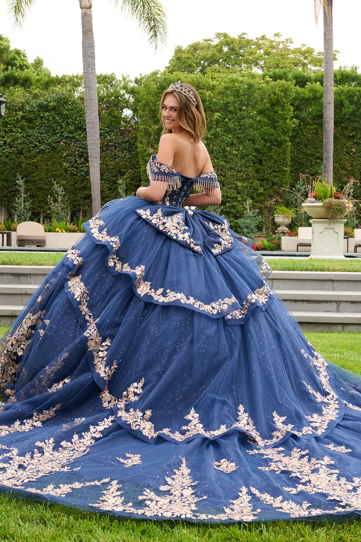 GLS Collective GL3857 V-neck quinceanera ball gown back view with train