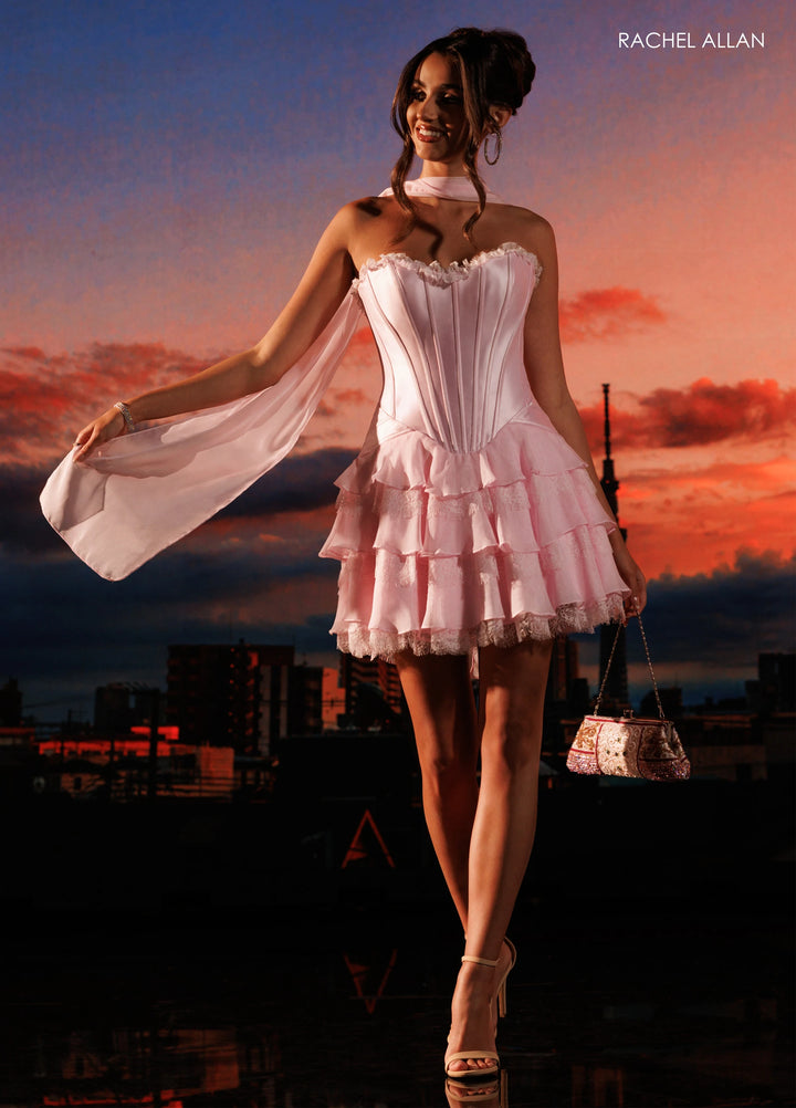 Rachel Allan 40752 Sweetheart Neckline Strapless Structured Corset Lace Tiered Ruffle Mini Dress