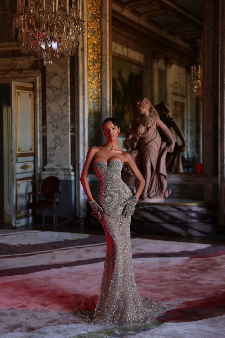 Chic & Holland HF110601 Strapless Corset Bodice Fully Beaded Patterned Matching Gloves Couture Dress