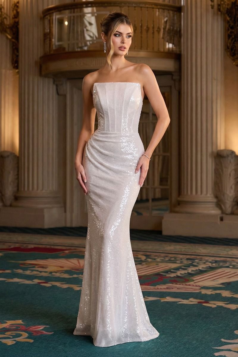 Ladivine J904 Strapless Sequin Mermaid Gown with Ruched Waist