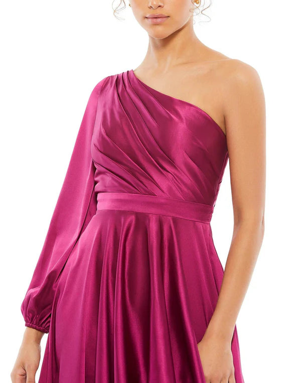 Mac Duggal 49141 Dark Blue Long Sleeve One Shoulder Satin High Low A-line Gown