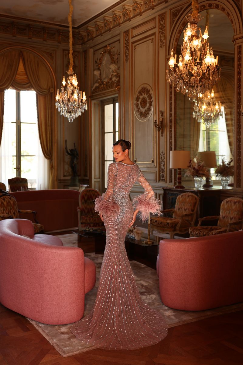 Chic & Holland HF110632 Plunging V Neck Long Sleeves Feather Cuffs Linear Beaded High Slit Couture Dress