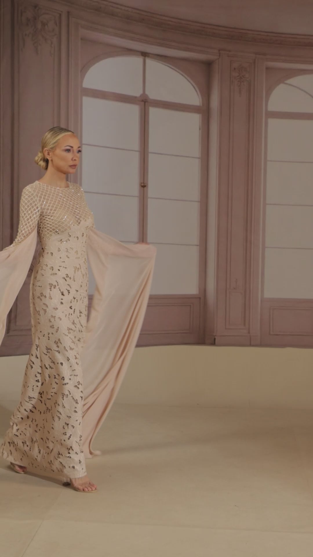 Reverie Couture FW277 Chiffon Cape-Sleeve Dress