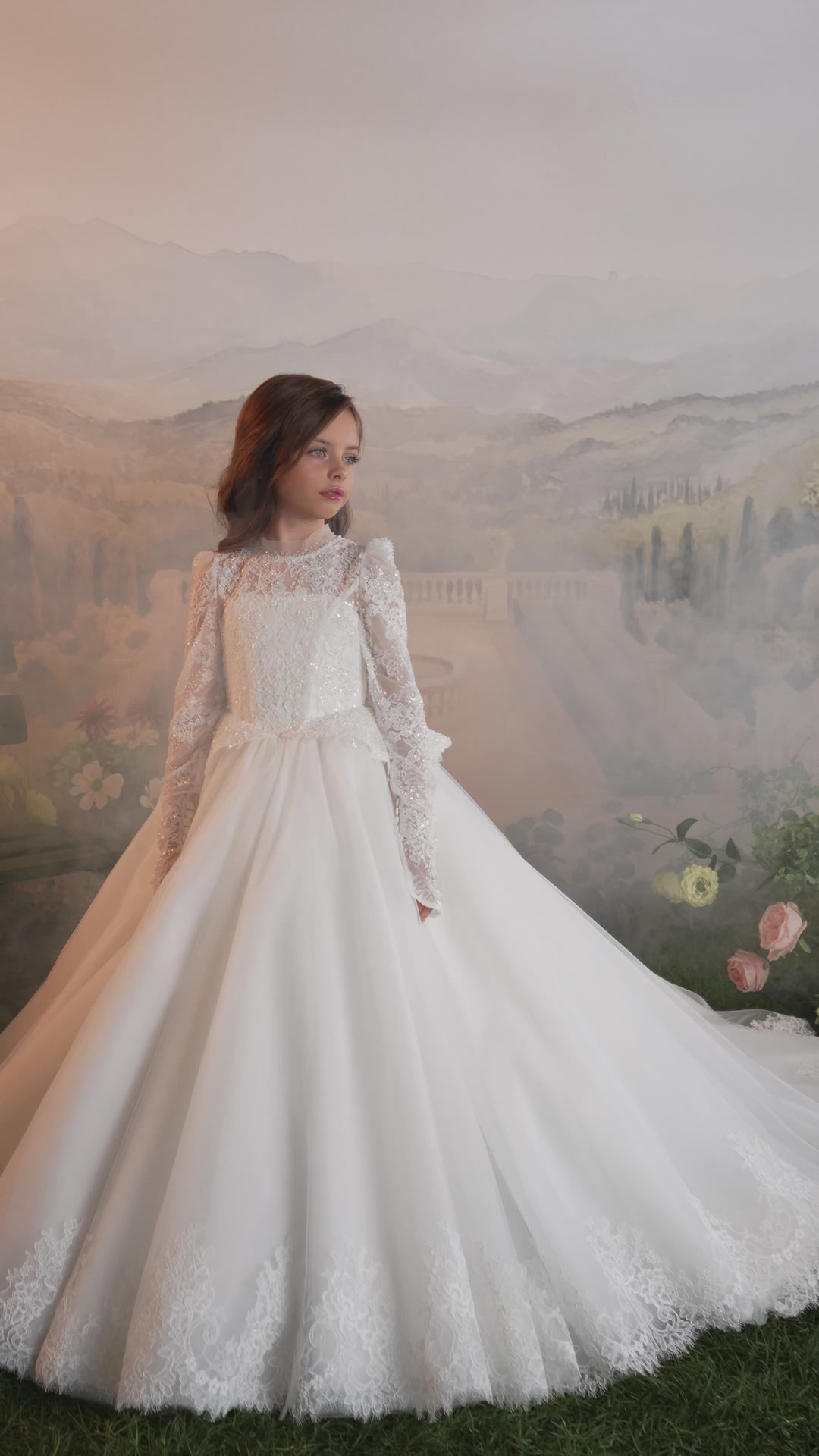 Pentelei 3915 Beaded Lace Tassel Sleeve Kids Ball Gown