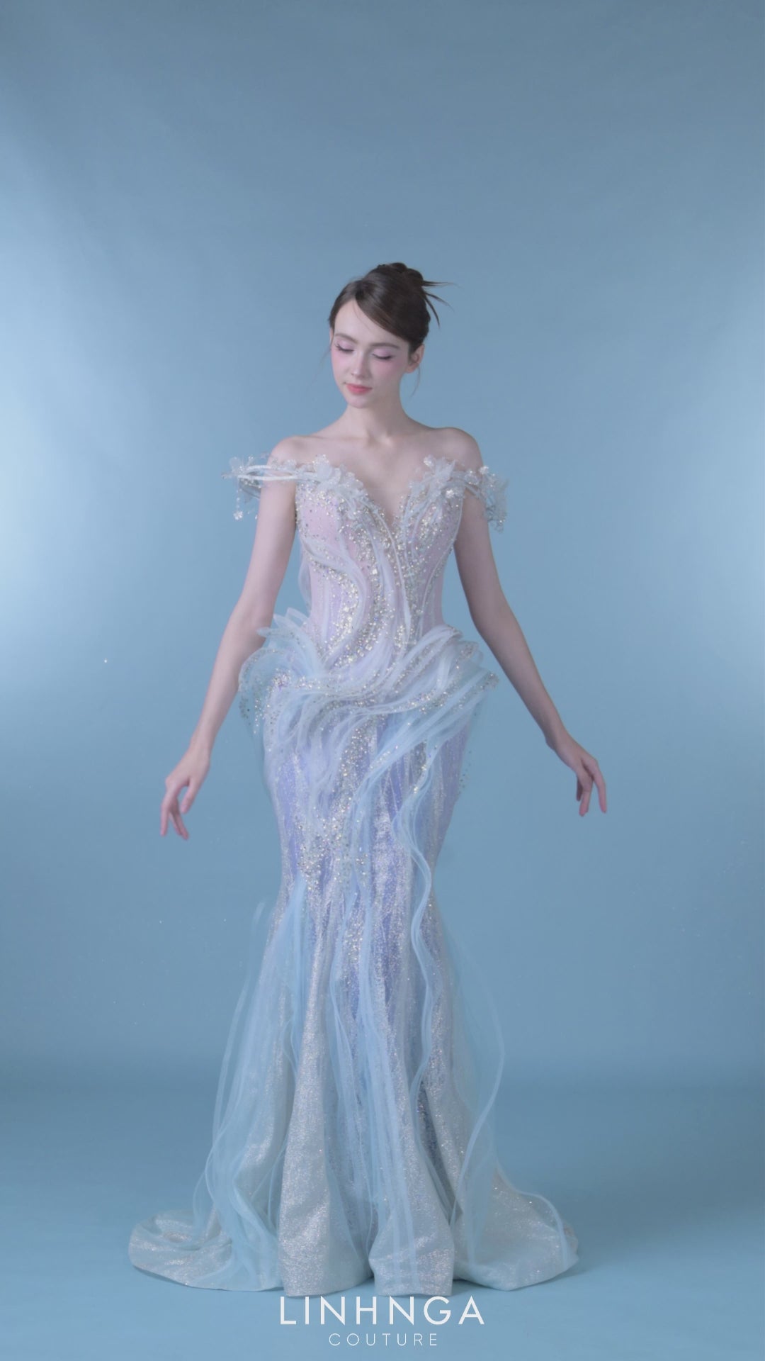 Linh Nga LMBCT363 Floral Appliqué Couture Dress