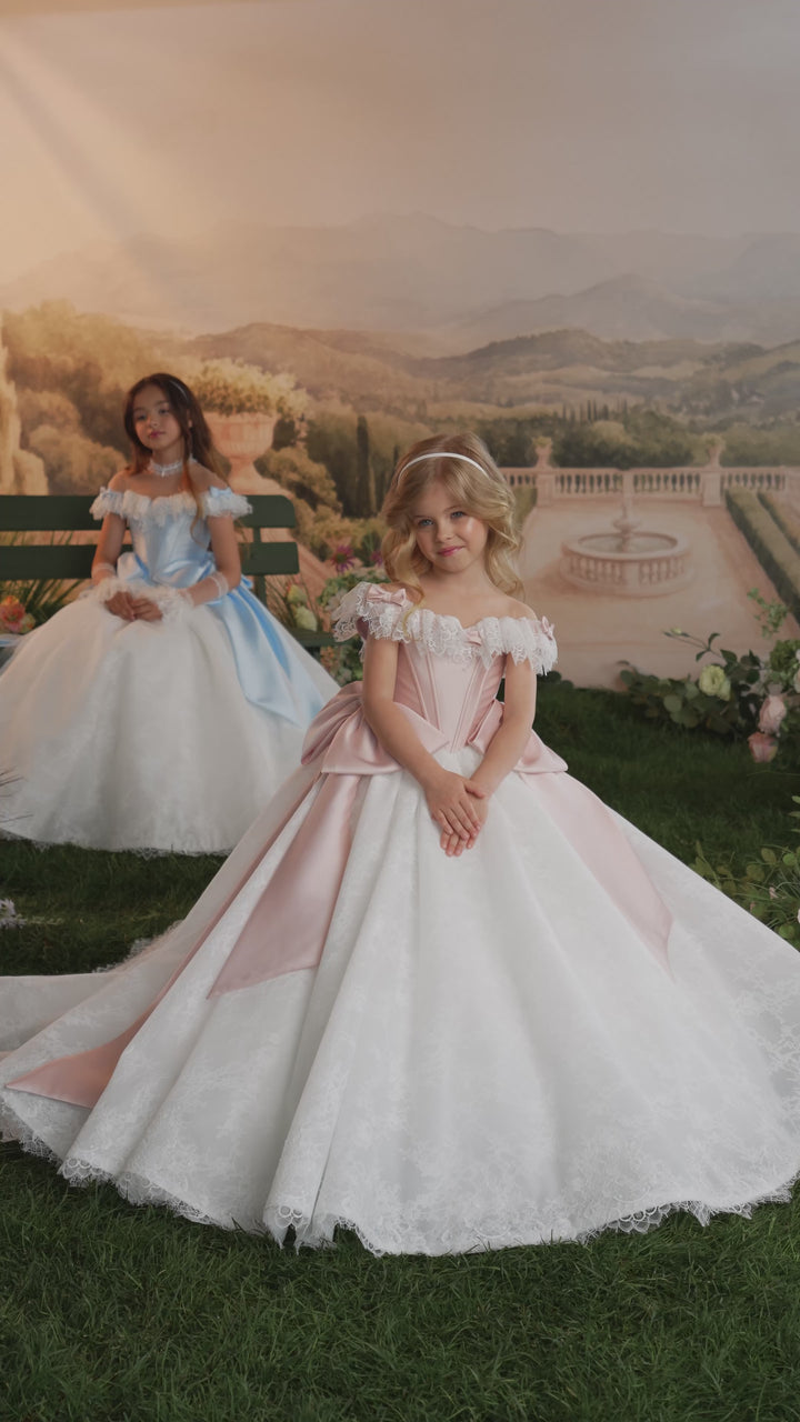 Pentelei 3905 Ruffled Lace Corset Bow Two Tone Kids Ball Gown