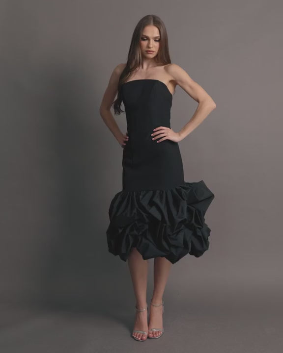Mac Duggal 21061 Strapless Crepe Midi Dress with Bubble Hem video