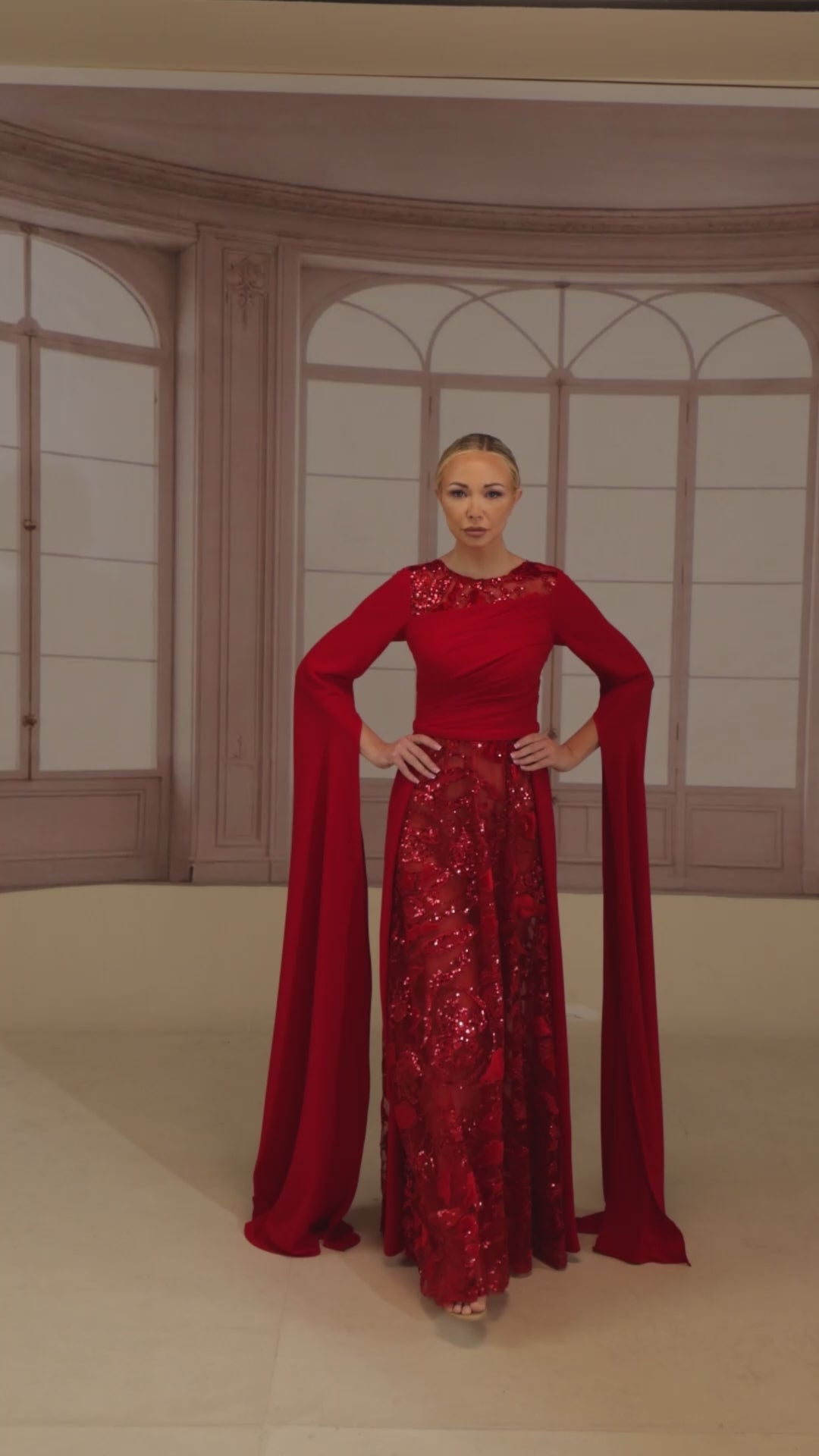 Reverie Couture fw293 Long Sleeve Embroidered Satin Dress