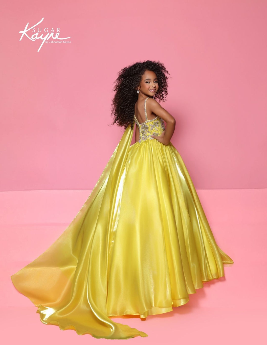 Sugar Kayne C417 one-shoulder cape girls ball gown back view 2