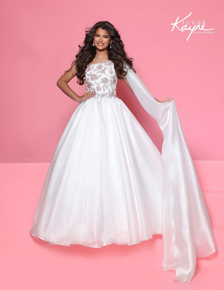 Sugar Kayne C417 one-shoulder cape girls ball gown front view