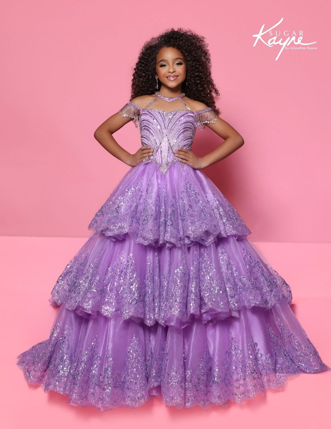 Sugar Kayne C421 crystal fringe tiered girls pageant gown alternate color front view 2
