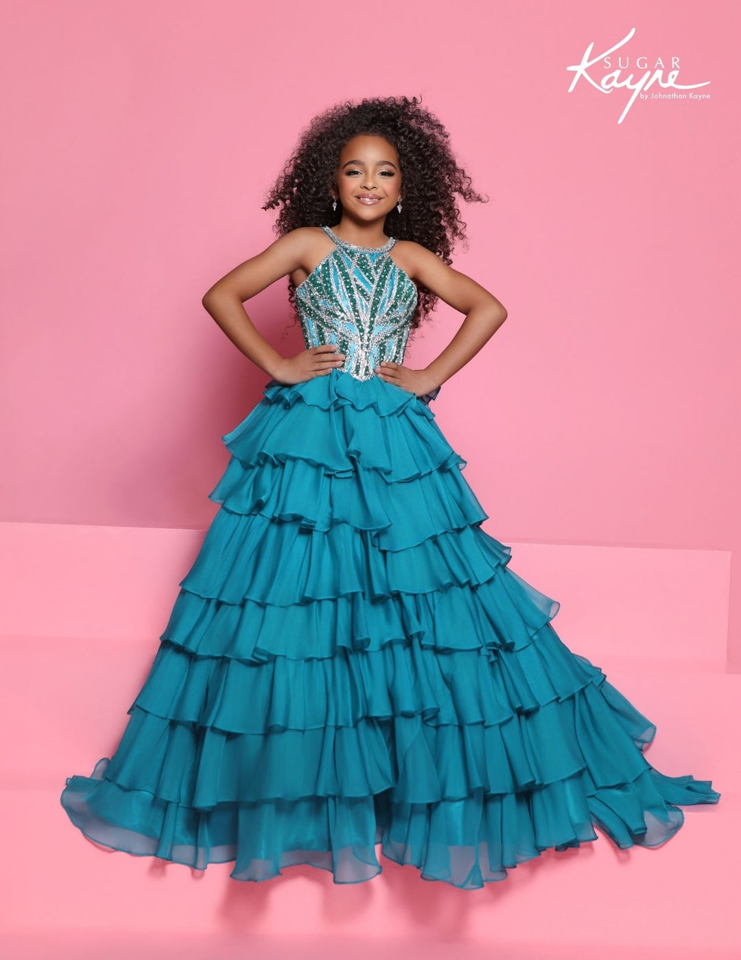 Sugar Kayne C423 high neck ruffle girls pageant gown front view