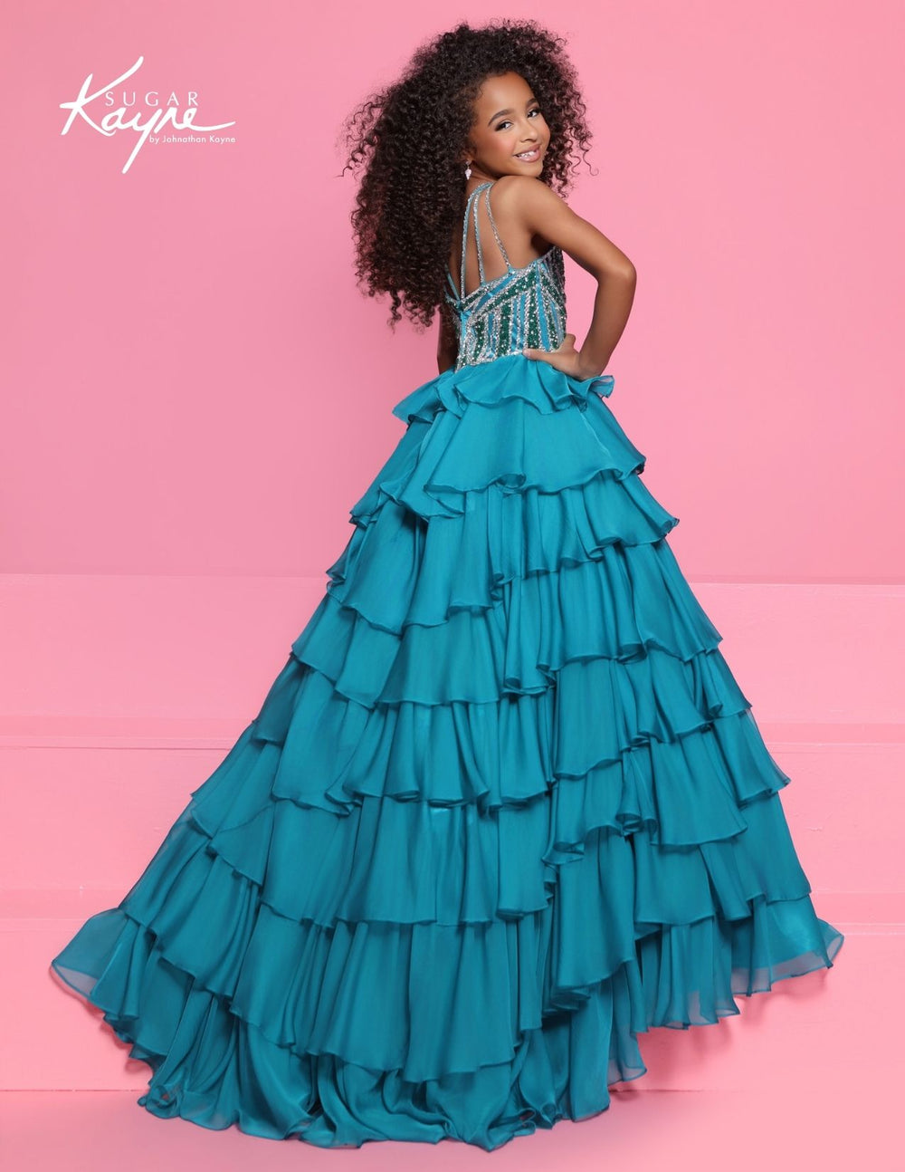 Sugar Kayne C423 high neck ruffle girls pageant gown back view
