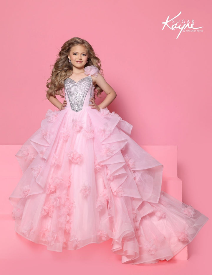 Sugar Kayne C427 3D floral ruffle girls pageant ball gown front view