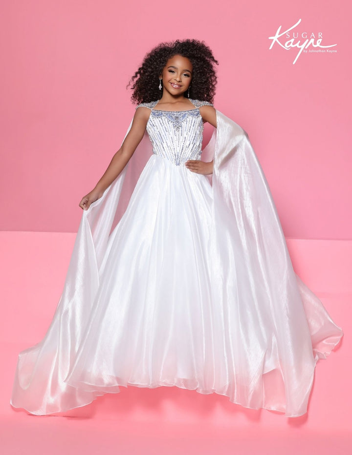 Sugar Kayne C428 square neck girls pageant ball gown with cape alternate color front view 3