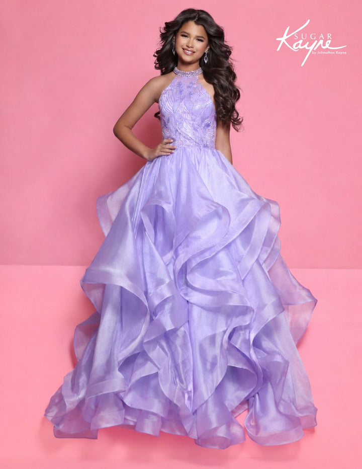Sugar Kayne C429 halter ruffle girls pageant ball gown front view