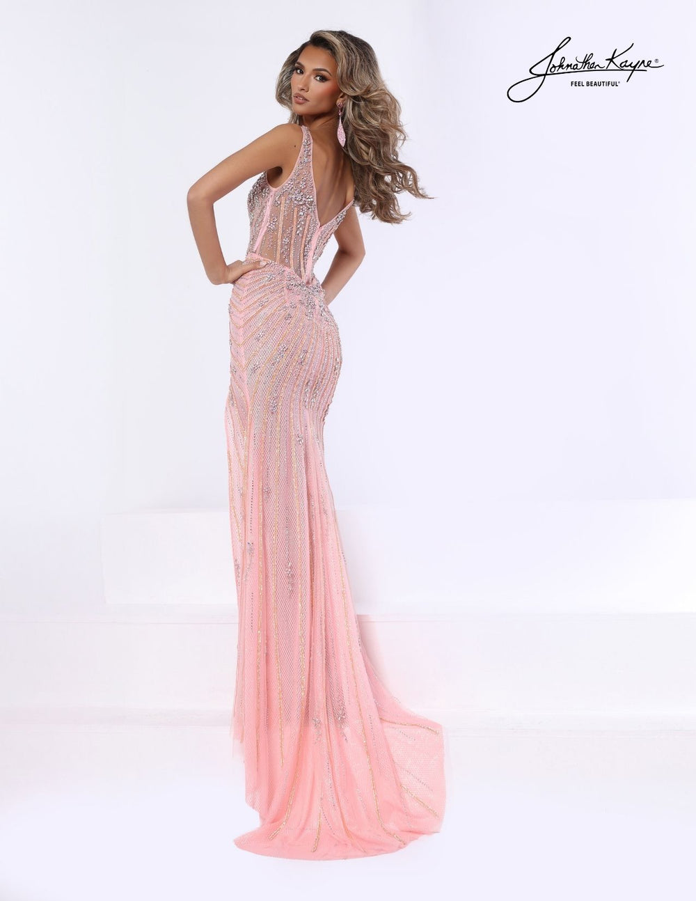 Johnathan Kayne 3344 floral beaded fit and flare prom dress back view