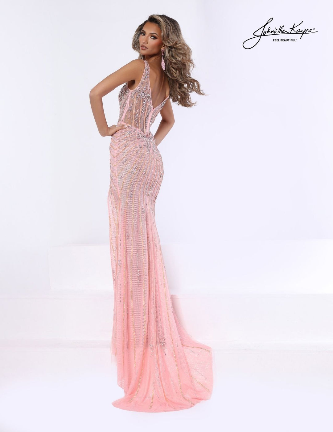 Johnathan Kayne 3344 floral beaded fit and flare prom dress back view