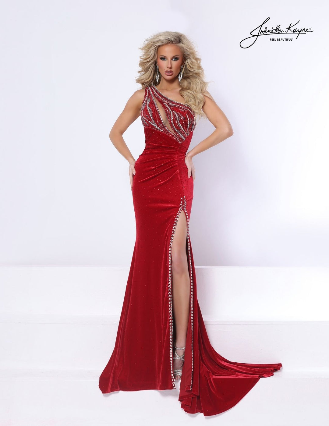 Johnathan Kayne 3366 one-shoulder evening gown with detachable ruffle front view