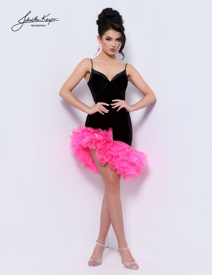Johnathan Kayne 3304S sweetheart corset cocktail dress with ruffle hem front view, alternate color