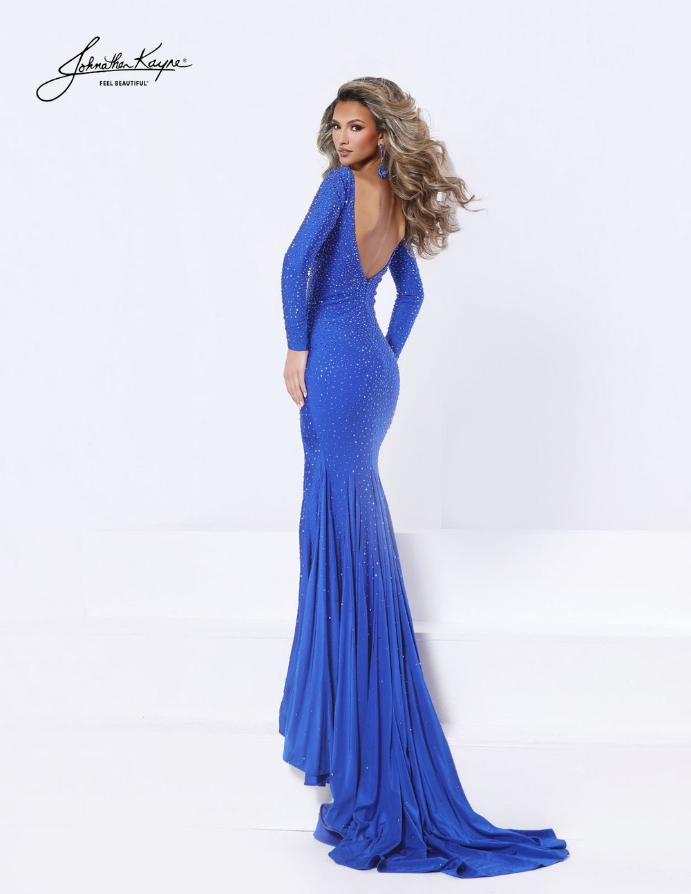 Johnathan Kayne 9213SL long sleeve deep V evening gown back view