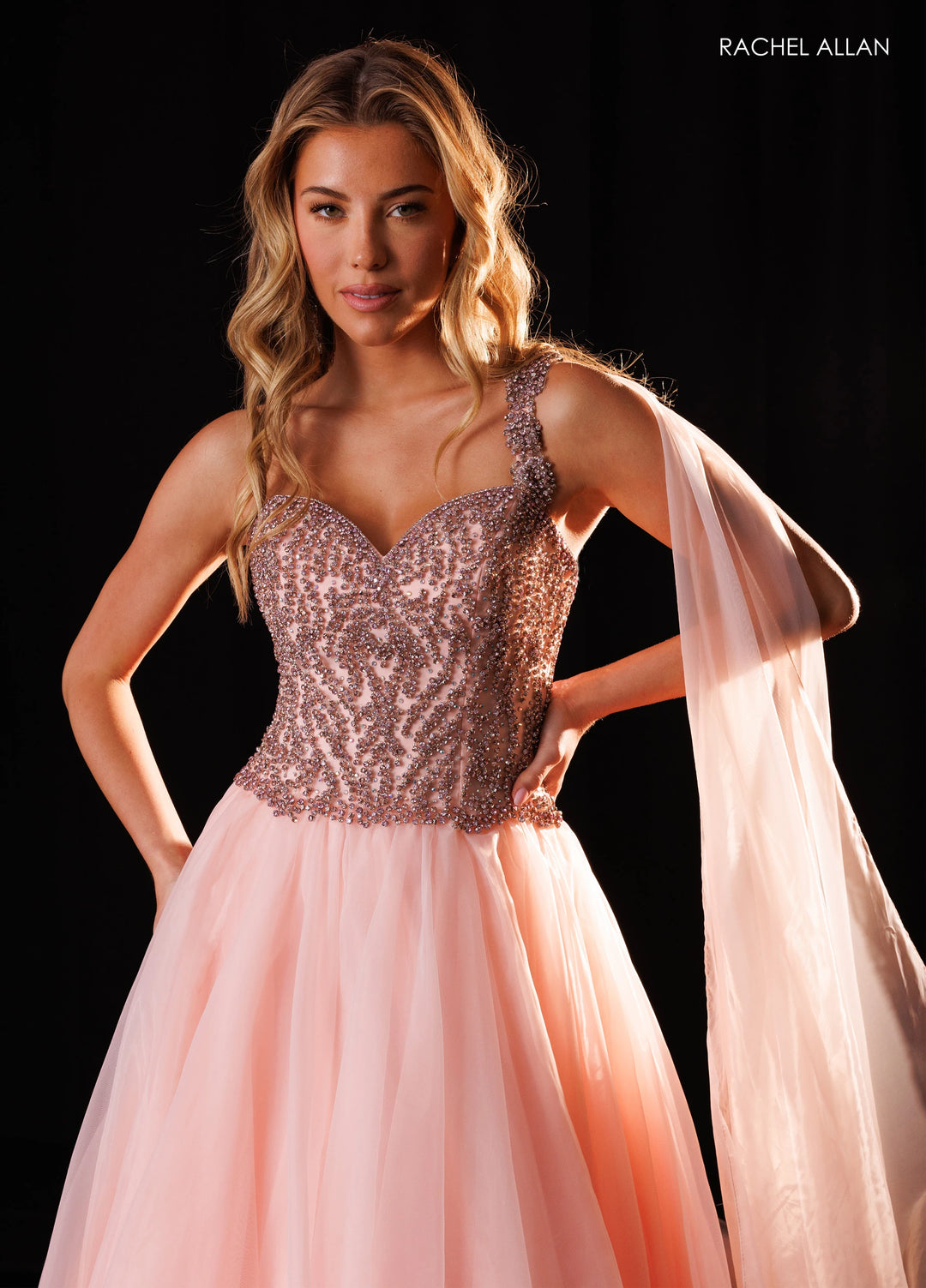 Rachel Allan 50445 Beaded Sweetheart Ball Gown Pageant Dress with Cape - FOSTANI.com