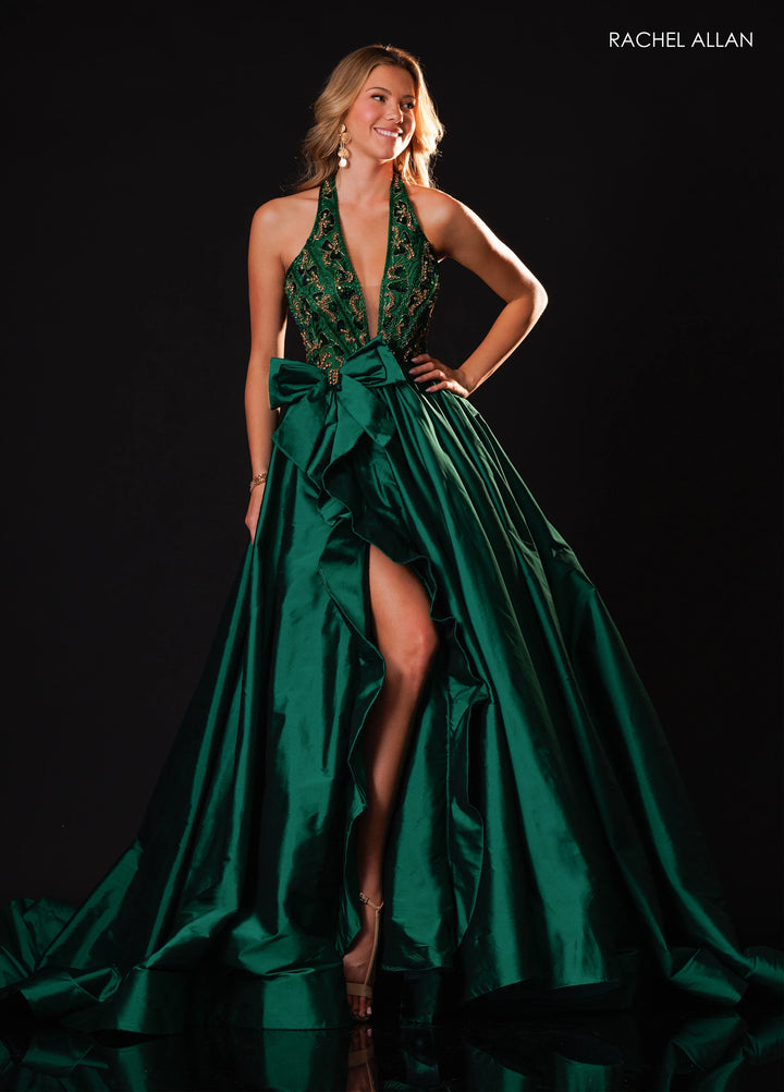 Rachel Allan 50447 Plunging Halter Ball Gown Pageant Dress with Bow - FOSTANI.com