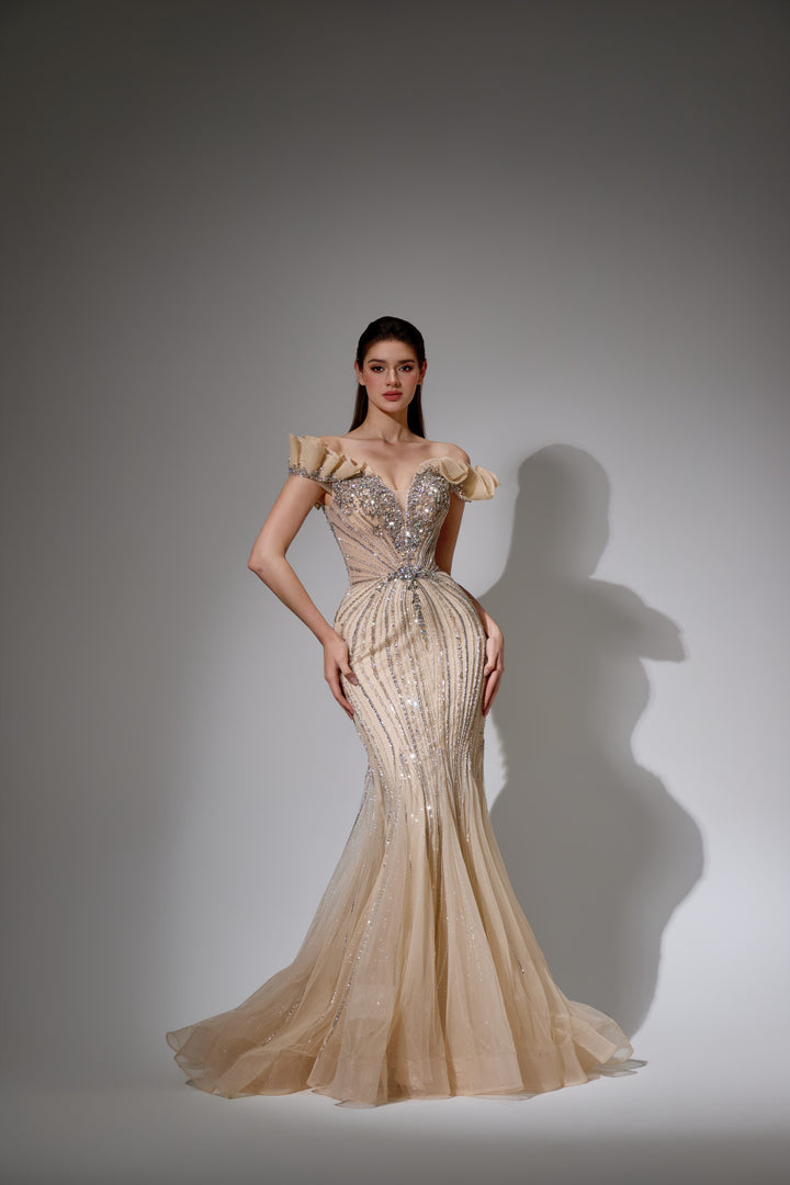 Delilah SH11602 Off-the-Shoulder Ruffle Plunging Corset Mermaid Gown - Champagne front view