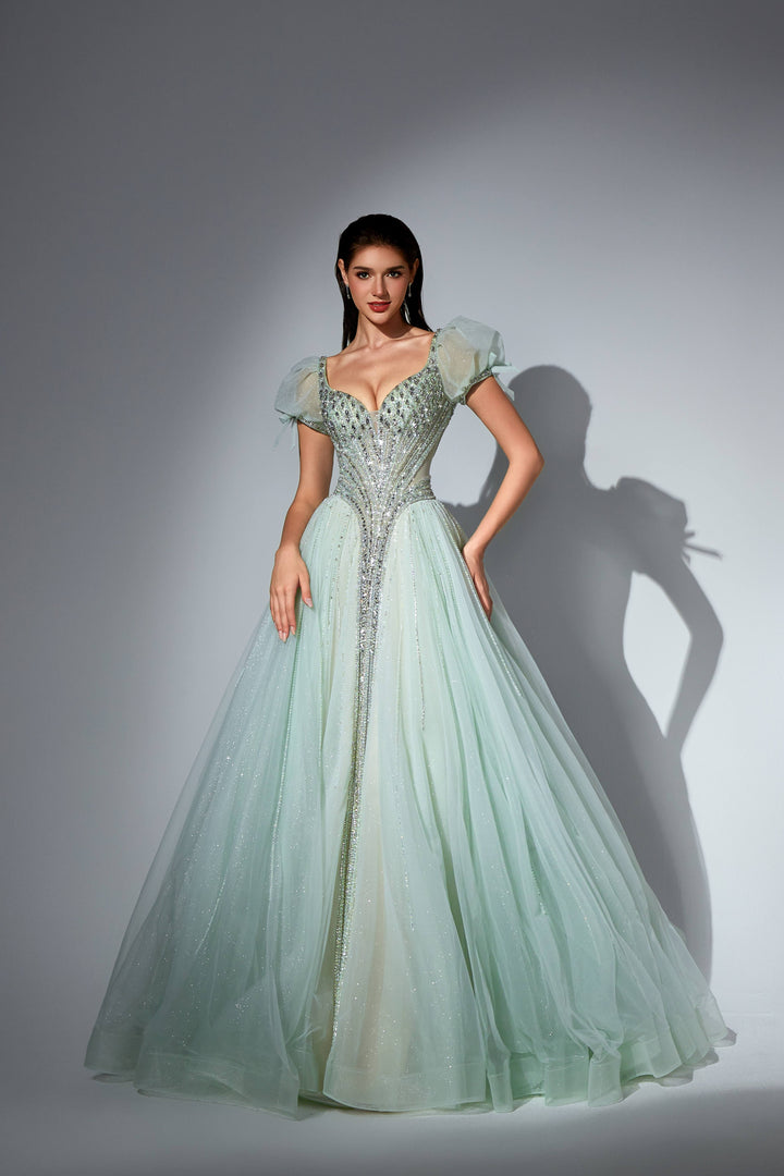 Delilah SH11608 Plunging Beaded Corset Ball Gown with Puff Sleeves - Mint front view