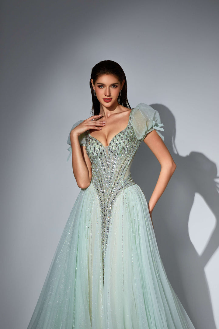 Delilah SH11608 Plunging Beaded Corset Ball Gown with Puff Sleeves - Mint close-up view