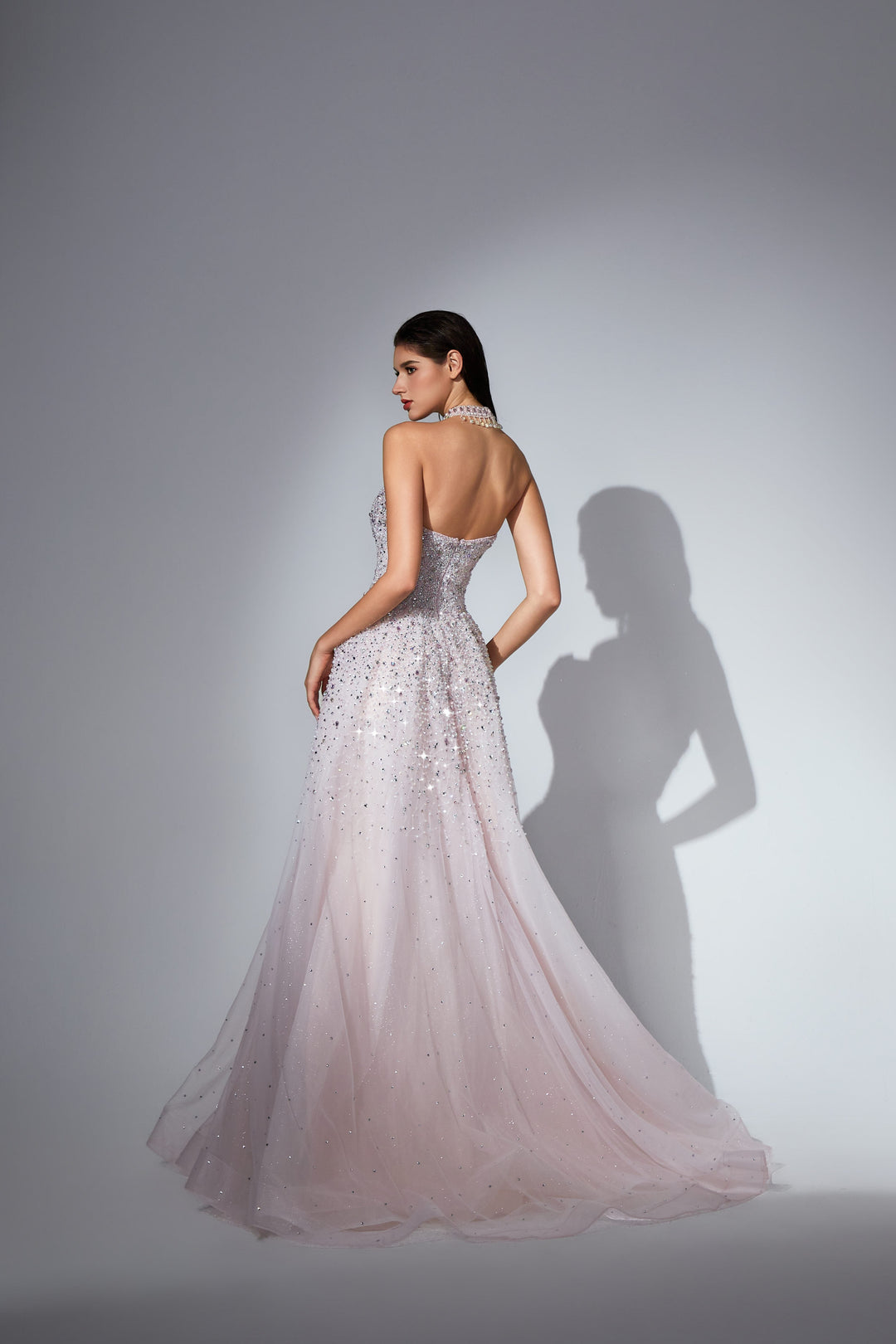 Delilah SH12020 Strapless Sequin Bodice A-Line Gown with Sparkle Skirt - Pink back view