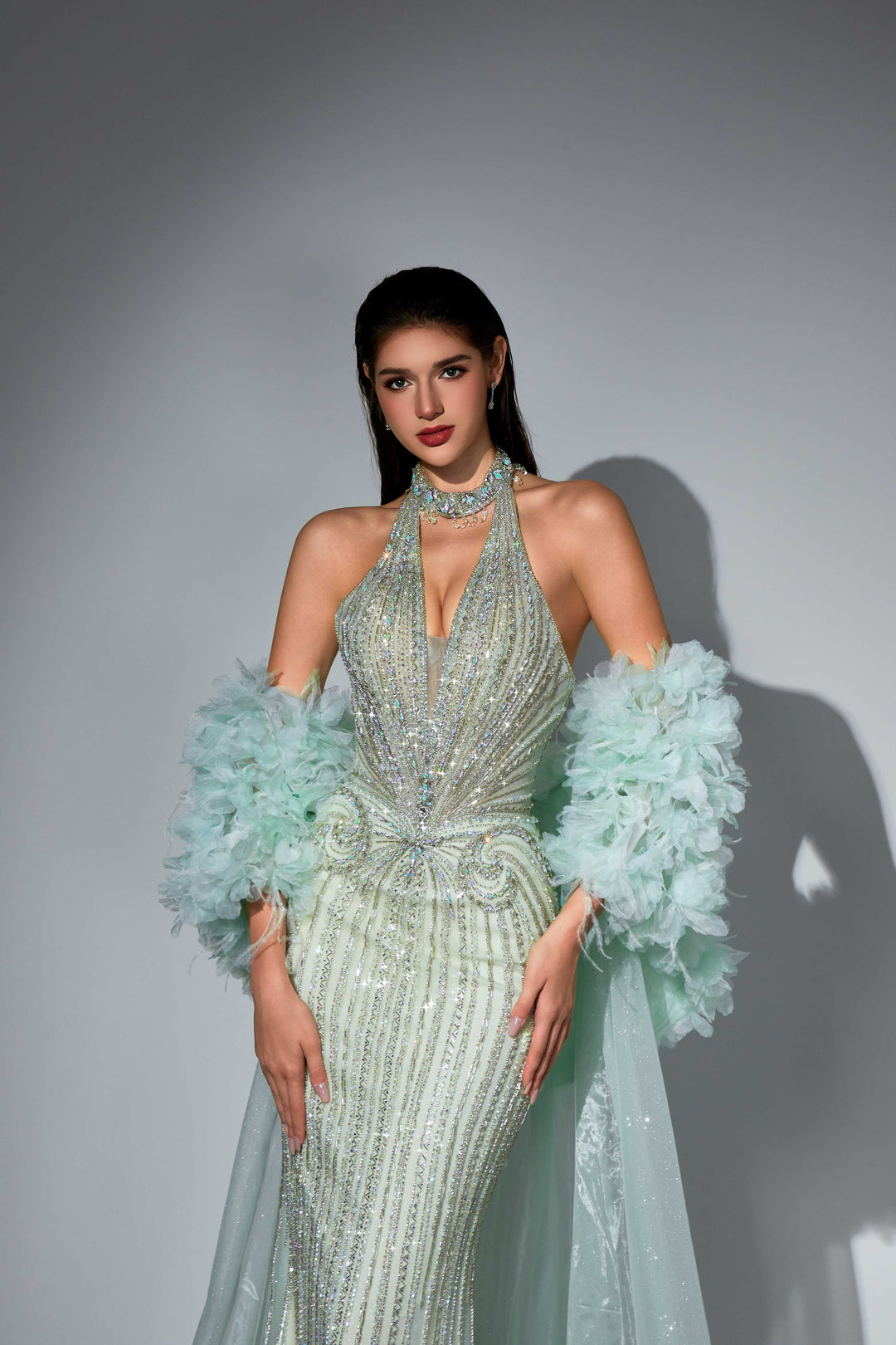Delilah SH12045 Beaded Halter Plunging Mermaid Gown with Ruffled Arm Puffs and Overskirt - Mint close-up view