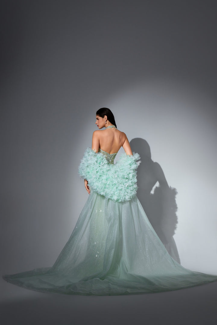 Delilah SH12045 Beaded Halter Plunging Mermaid Gown with Ruffled Arm Puffs and Overskirt - Mint back view