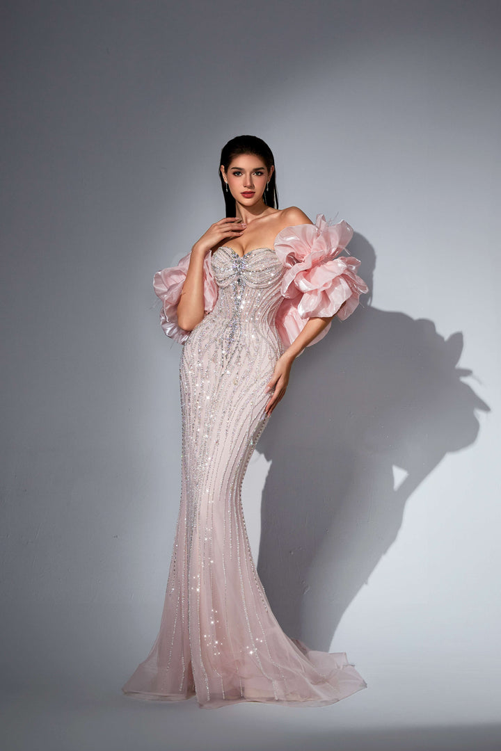 Delilah SH12049 Strapless Sweetheart Beaded Corset Mermaid Gown with Ruffled Arm Puffs - Pink front view