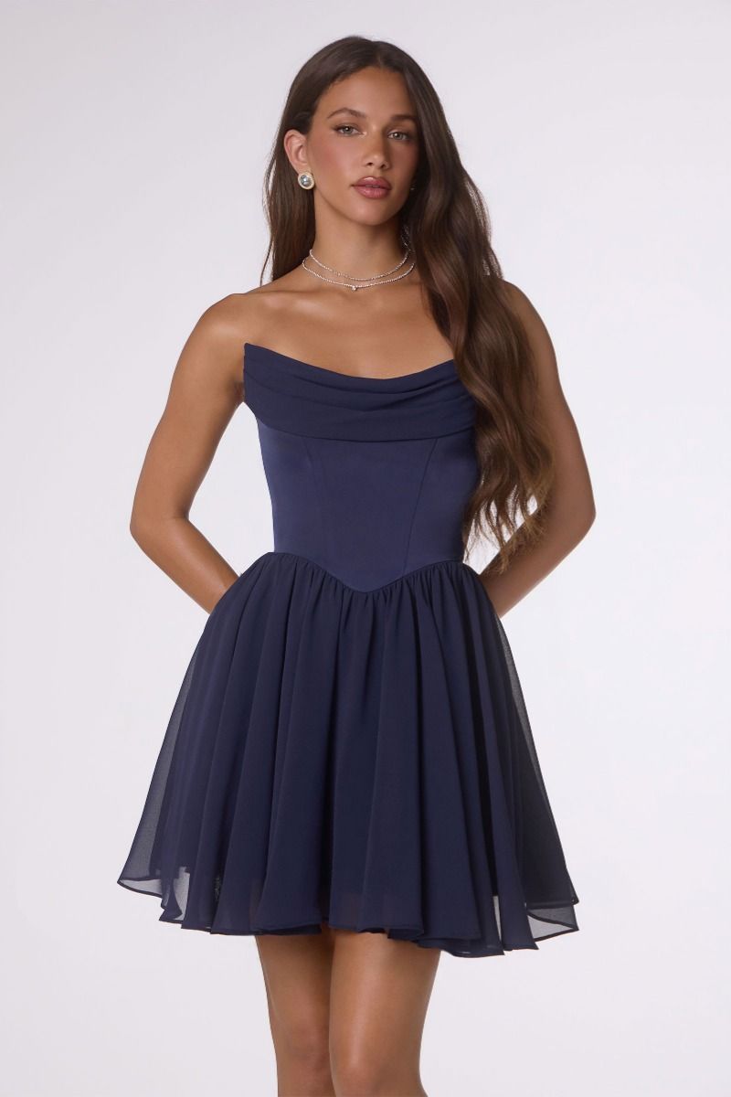 Amoris T740 Draped Chiffon Scarf-Neck Structured Fit-and-Flare Dress