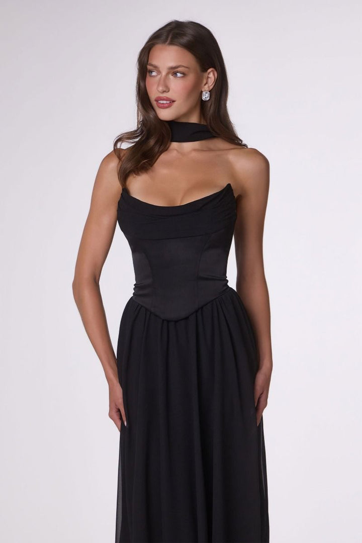 Amoris T741 Draped Chiffon Sleeveless Structured A-Line Dress