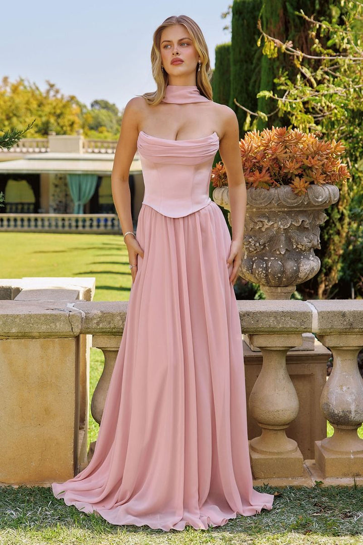 Amoris T741 Draped Chiffon Sleeveless Structured A-Line Dress