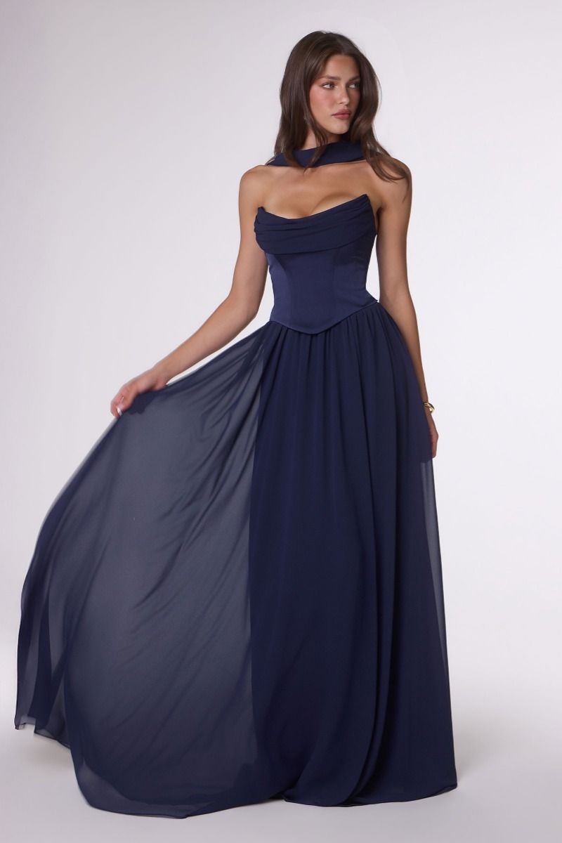 Amoris T741 Draped Chiffon Sleeveless Structured A-Line Dress