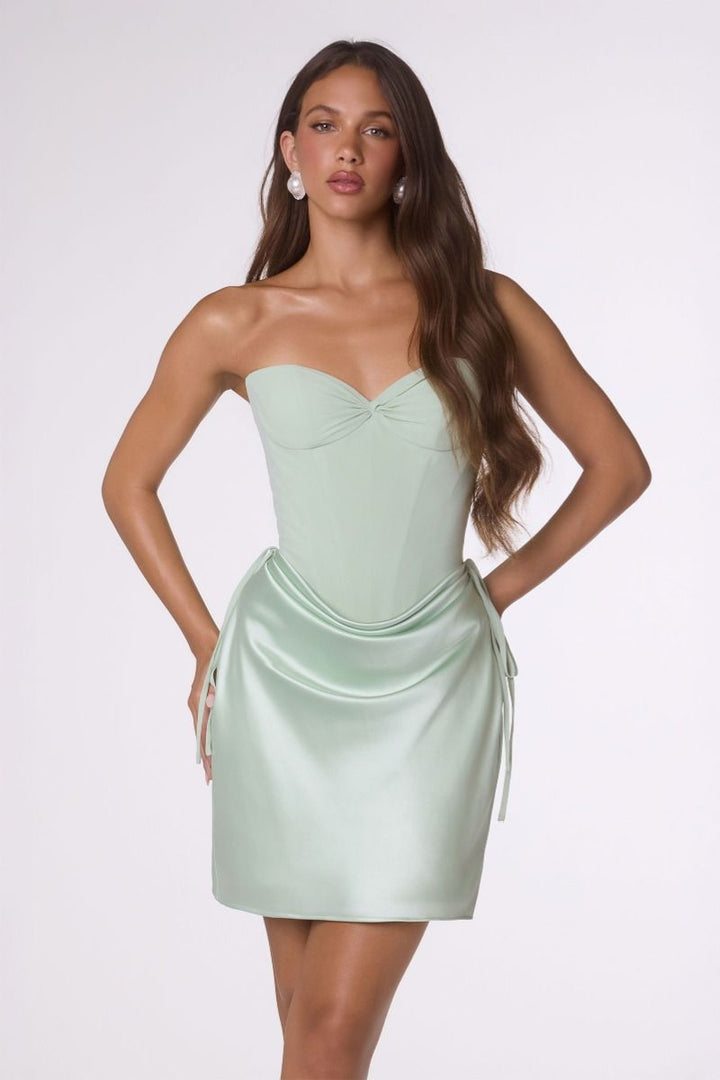 Amoris T746 Strapless Sweetheart Corset Mini Dress with Draped Hip Overlay and Lace-Up Back