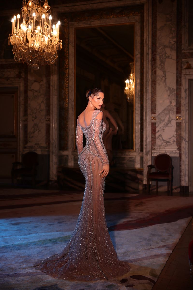 Chic & Holland HF110608 Cold Shoulder Sweetheart Neck Patterned Beaded Illusion Sheath Couture Dress