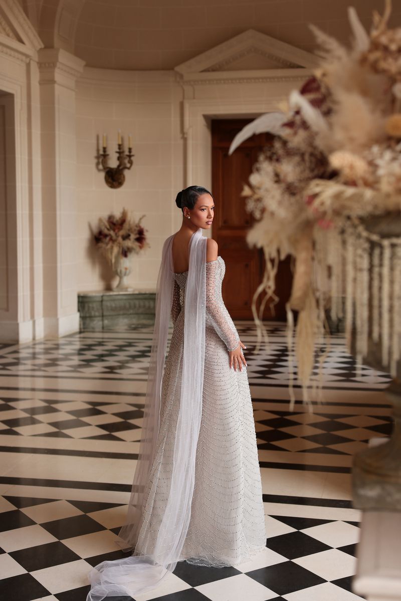 Chic & Holland HF110614 Off Shoulder Sweetheart Plunging Neckline Fully Beaded A Line Matching Scarf Couture Dress