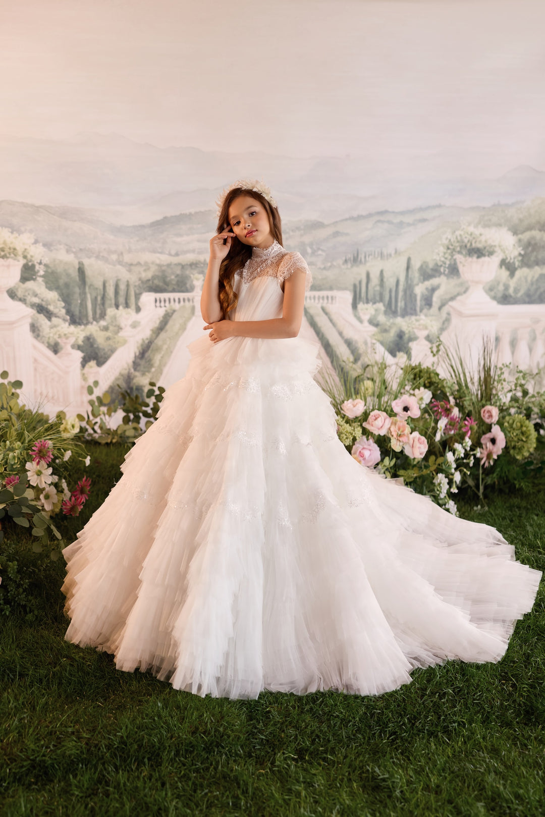 Pentelei 3904 Tiered Ruffle Keyhole Back Kids Ball Gown
