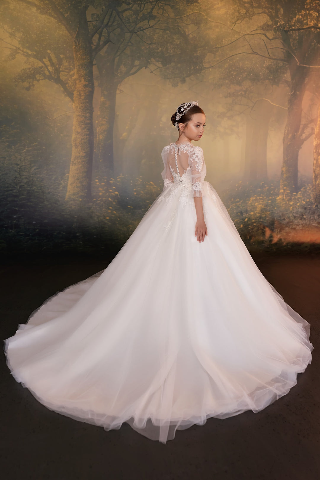 Pentelei 3933 Lace Puff Sleeve Ball Gown with Button Back Kids Dress