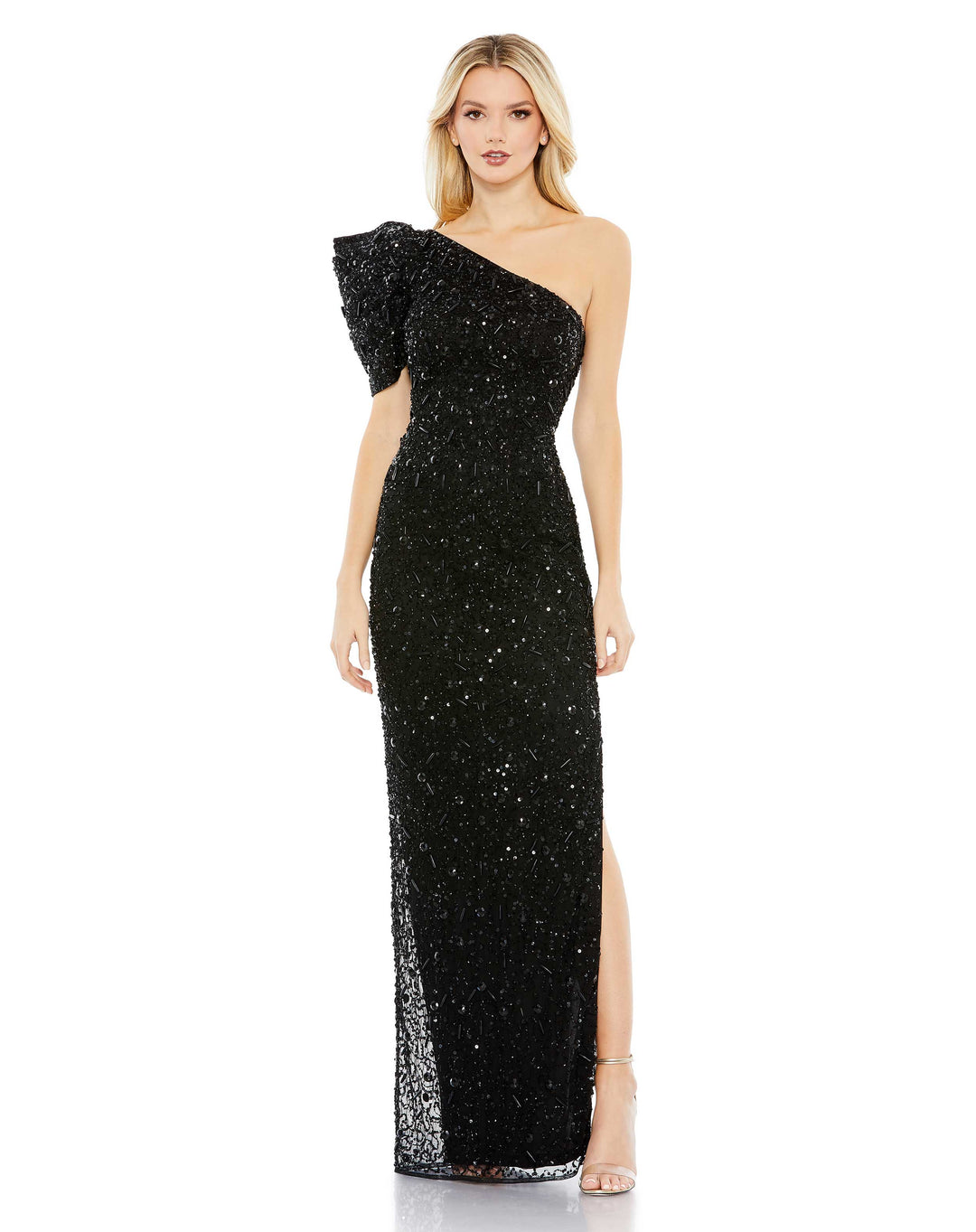 Embellished Puff One Shoulder Column Gown - FOSTANI